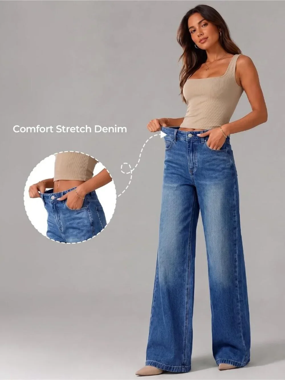 Women's Mid Blue Denim Y2k Straight Leg Button Zipper High Waisted Baggy Jeans